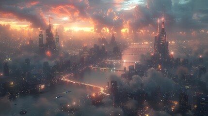 Futuristic Megacity Skyline Shining Brightly in the Night,Towering Skyscrapers and Glowing Bridges Reflecting on the Tranquil River Below