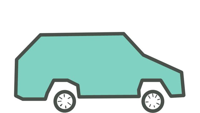 A cartoon geometric car, flashing colors, is driving somewhere. The car body shakes as if the wheels hit bumps.