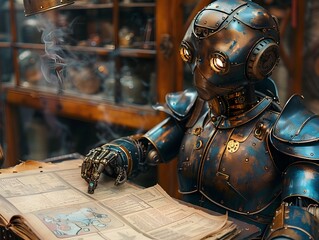 Inquisitive Robotic Scholar Studying Weathered Tome in Rustic Workshop