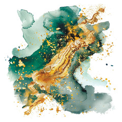 Liquid green malachite style watercolor spot splash splatter with gold glitter. Watercolor brush stroke. Beautiful modern hand drawn vector illustration. Isolated colorful design on white background