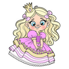 Cute cartoon longhaired coquettish girl in a pink princess dress color variation on white background