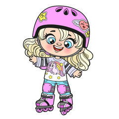 Cute cartoon girl in a helmet and wearing protective gear on roller skates on white background