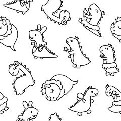 Funny cute girls dinosaurs. Seamless pattern. Coloring Page. Kawaii baby dino princess character. Hand drawn style. Vector drawing. Design ornaments.