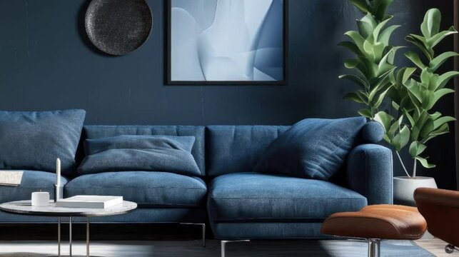 Dark blue sofa and recliner chair in scandinavian apartment. Interior design of modern living room, Seamless looping time-lapse virtual 4k video animation background