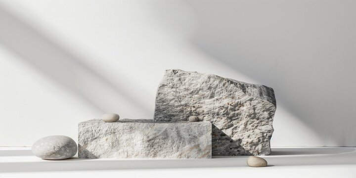 White background gray stone podium minimalist style flat composition high resolution photography soft lighting close-up view stone material is white and grey roc