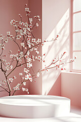 Pink flower cherry blossoms branch background with empty white product display stand Soft sunlight from the window