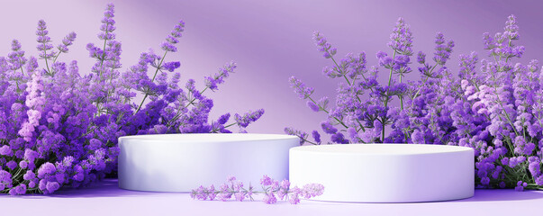 Purple flower lavender lilac round white podium product display,  Summer flora advertising background