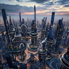 Modern City Skyline with Circular Architectural Structures at Dusk