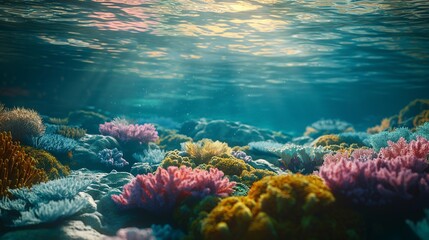 A vibrant coral reef teeming with life beneath the crystal-clear waters of the ocean, illuminated...