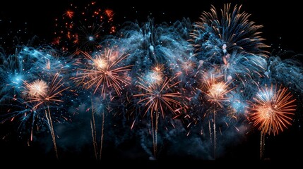 A photorealistic image of a vibrant fireworks display illuminating the night sky with a dazzling array of colors and shapes, perfect for Independence Day celebrations and summer events.