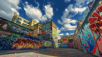 A vibrant urban street art scene with colorful graffiti murals covering the walls of buildings, set...