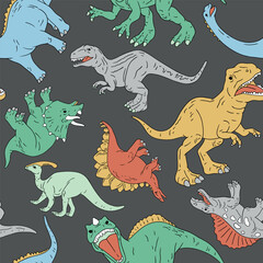 Hand drawn seamless vector pattern with dinosaurs. Perfect for fabric, wallpaper, wrapping paper or nursery decor.