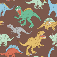 Hand drawn seamless vector pattern with dinosaurs. Perfect for fabric, wallpaper, wrapping paper or nursery decor.