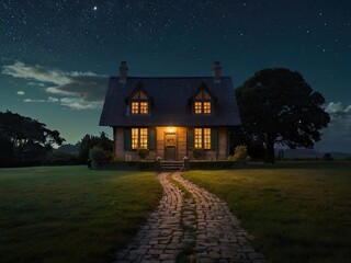 Dark city landscape with houses bathed in moonlight under a starry night sky