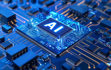 AI - Artificial Intelligence, AI Logo and computer chip in the background, in the style of a circuit board	