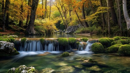 A tranquil forest stream, with crystal-clear waters cascading over moss-covered rocks, framed by towering trees adorned with vibrant foliage in shades of green and gold. 