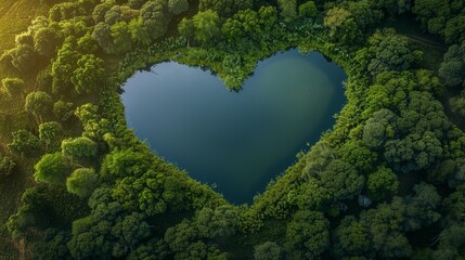 photo of a flat land, a lake surrounded by trees in a heart shape, aerial view, photo real, photo realistic, hdr,