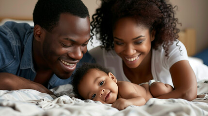 Young black couple playing with cute newborn baby on bed smiling, happy family time, parent’s day theme. cheerful precious family moments, adorable family scene.