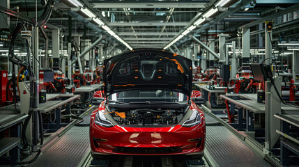 Fototapeta premium An electric car being assembled in a state-of-the-art automotive factory with a worker in the background manufactory production line robots