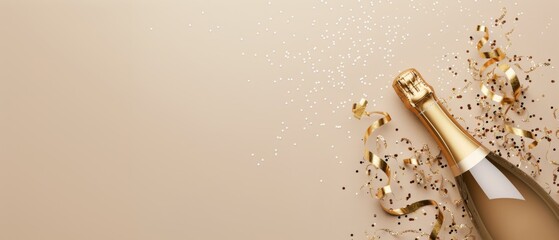 wine bottle and background,Champagne, confetti and ribbons to celebrate happy birthday Holiday greeting card or invitation concept	