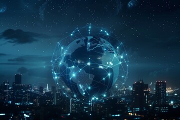 A digital globe with cityscape interconnected by lines, representing global network and connectivity.