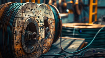 Detailed close-up of electric cable winding around a wooden spool, showcasing texture and material intricacies, industrial warehouse backdrop