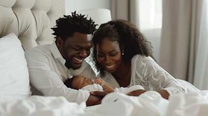 Young black couple playing with cute newborn baby on bed smiling, happy family time, parent’s day theme. cheerful precious family moments, adorable family scene.
