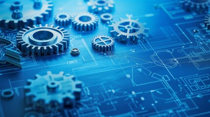 Background with gears and blueprints for National Engineers Week, with copy space