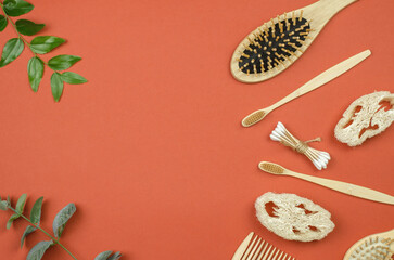 Wooden accessories for personal care, everyday life and place for text. Eco-friendly products, no waste and no plastic