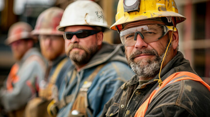 A group of rugged construction workers in safety gear pose for a portrait on a construction site.