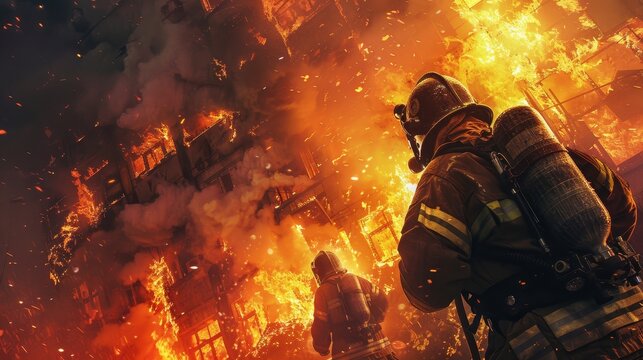 Courageous firefighters fighting a towering blaze, close-up on their focused faces amidst the chaos