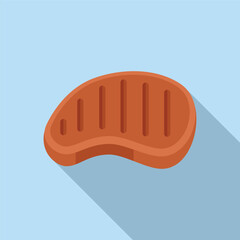 Simple, modern flat design icon of a grilled steak with a shadow, on a blue background