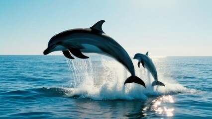 Fototapeta premium Dolphins jumping out of the water on a sunny day.