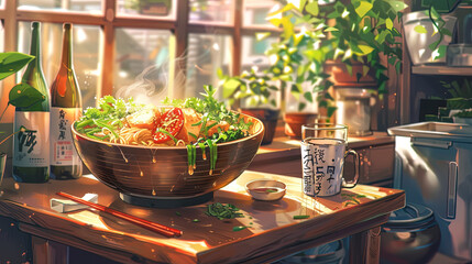 anime manga noodle soup illustration, lofi vibes, food