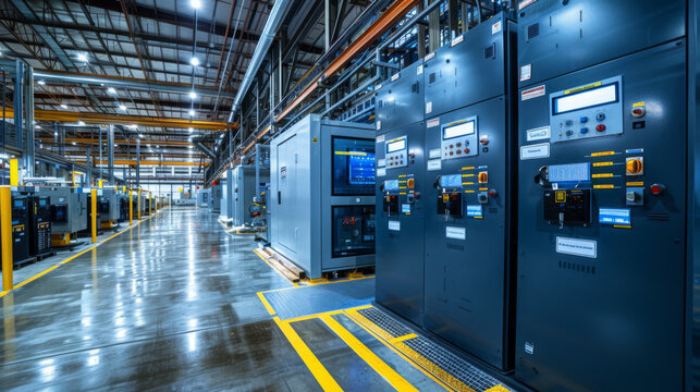 Interior view of a modern industrial manufacturing plant with large electrical panels and reflective floors.
