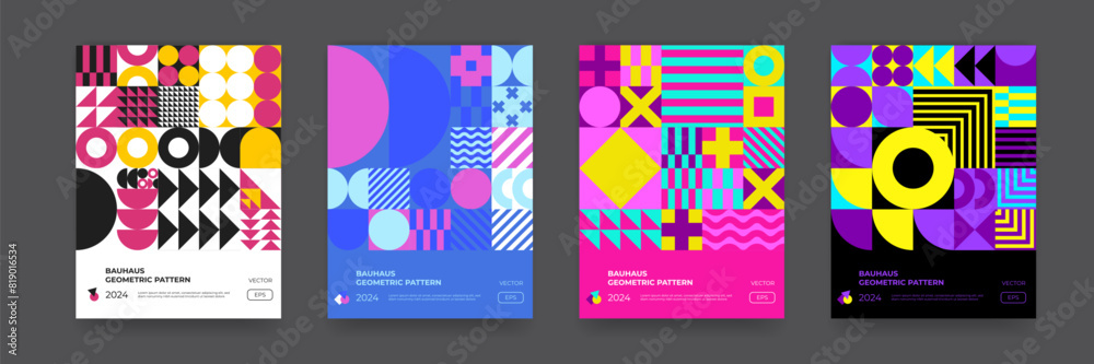 Leinwandbilder Abstract geometric pattern background, vector circle, triangle and square lines art design. Colorful retro pattern background, posters set