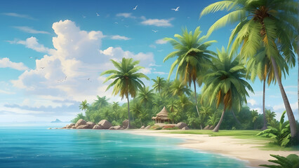 Fototapeta premium A tropical paradise beach palm tree with distance view of landscape