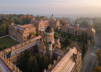 Aerial view of Yury Fedkovych national University in Chernivtsi. Morning cityscape with foggy haze. Architectural monuments in western Ukraine