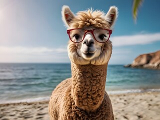 Naklejka premium Cool alpaca in sunglasses relaxing by the seaside in summer