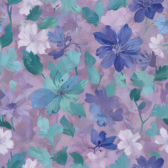 Matisse Style Mint and Blue Flowers Texture Art on Violet Background Gen AI