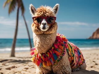 Alpaca enjoying the summer beach while wearing sunglasses