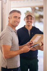 Portrait, delivery man and happy customer sign for package, logistics and order receipt paperwork....