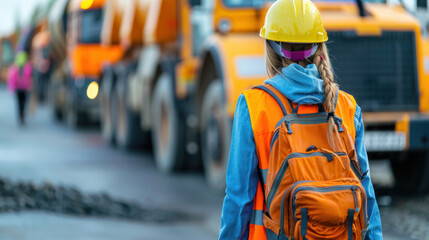Obraz premium A woman in a yellow helmet and orange vest walks down a road next to a line of orange trucks