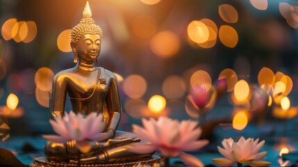 serene golden Buddha statue, blurred bokeh lights behind, and blooming lotuses below, on Magha...