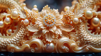 Intricate golden floral and pearl ornament with detailed carvings and embellishments.