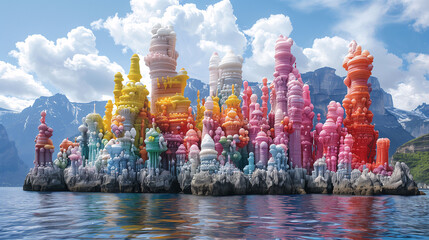 A surreal landscape featuring colorful, bubble-like structures resembling a fantastical cityscape on a rocky island, with mountains and a partly cloudy sky in the background.