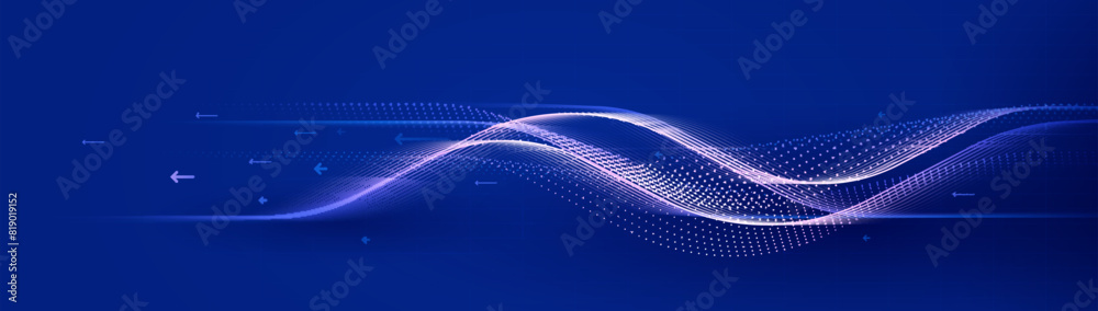 Poster abstract background with white geometric wavy lines and arrow on blue background. futuristic digital