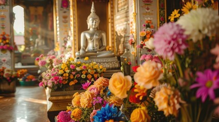 An altar filled with colorful flower offerings, with a serene Buddha statue in the background for...