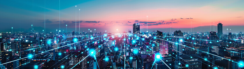 Obraz premium A futuristic cityscape with fiber optic cables as a luminous network
