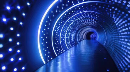 An enchanting blue LED light tunnel, with swirling patterns and a sense of endless depth